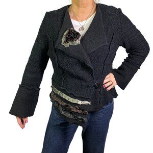 Jaskar Black Textured Womens Jacket cardigan sweater Flower Artsy Button L